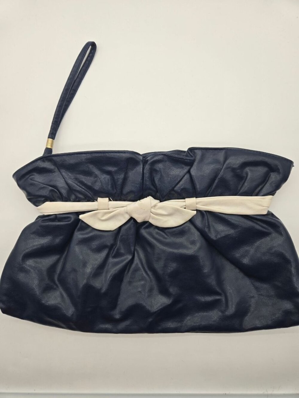 Vintage 80s Navy Blue Clutch Purse White Bow Detail MCI Faux Leather Wristlet